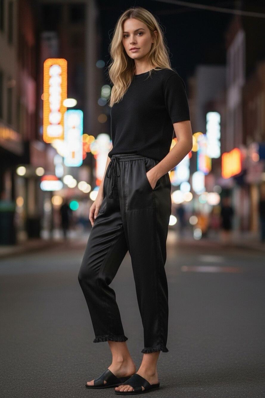NEW Faithful the Brand Sz 2 Harley Satin High-Waist Fray Hem Tassel Ankle Pants